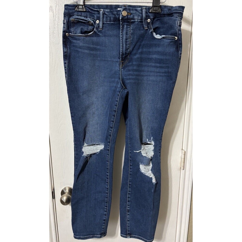 Good American Blue Jeans Woman Size 14 Distressed Straight Leg 32 Waist